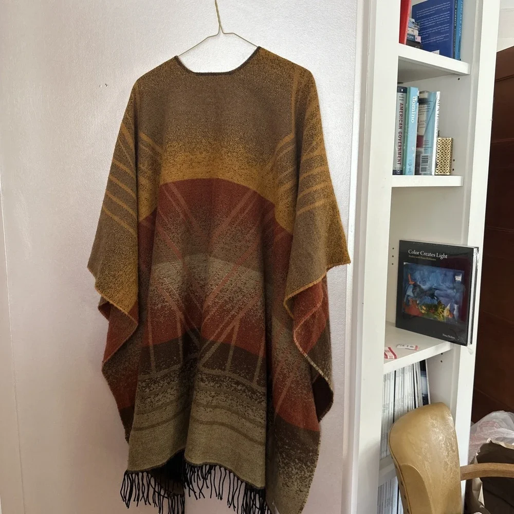 Women's Brown Plaid Winter Shawl‎ Poncho One Size Made In France